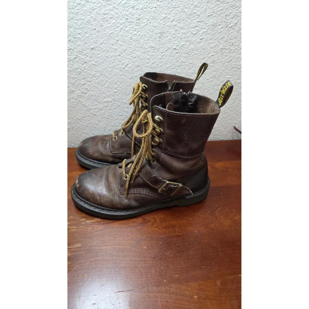 Dr. Martens Brown Leather Buckle Strap Side Zip Combat Boots Mens 8 Brown